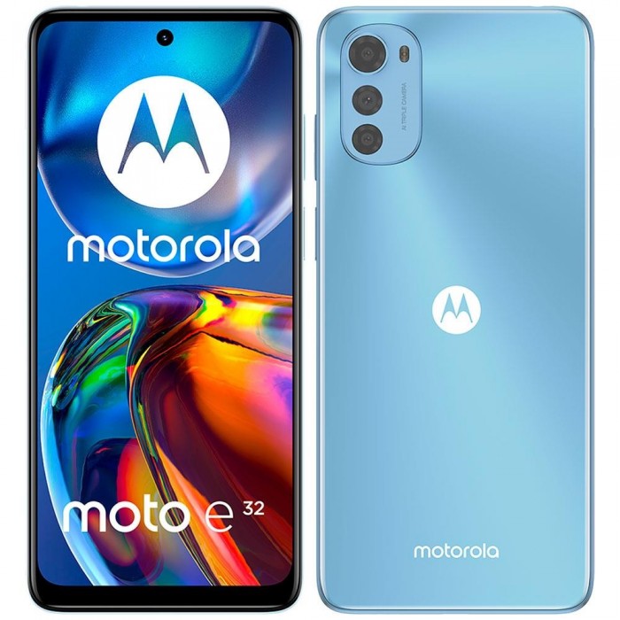 Celular Motorola Moto E32 Azul 64GB, 4GB RAM, Tela de 6.5”, Câmera Traseira Tripla de 16MP, Android 11 e Processador Octa Core